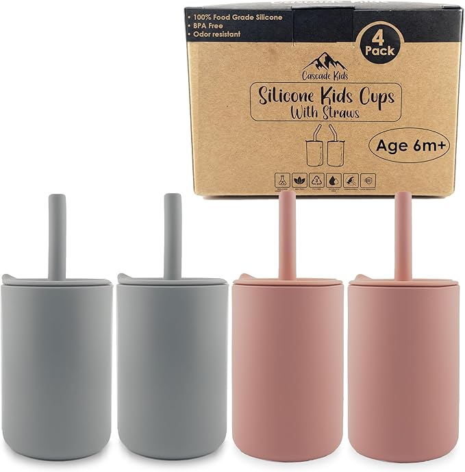Silicone Toddler Smoothie Cups with Straw, Unbreakable Training Cup with Straw for Babies and Toddlers for less mess, BPA-Free Silicone Baby cup, 6+ Month, 6oz, 4 pack Pink/Grey