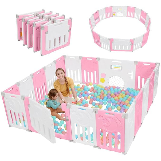Baby Playpen, Dripex Baby Playard for Babies and Toddlers, 18-Panel Foldable Playpen Adjustable Portable Play Area, Indoor/Outdoor Kids Active Center with Game Panel & Safety Gate, Pink White