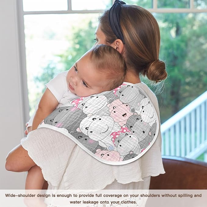 Muslin Burp Cloths for Baby Boys and Girls - 2-Pack Ultra Absorbent Cartoon Hippo Muslin Washcloths, Newborn Towel, Milk Spit Up Rags, Burp Cloth Bibs for Unisex, 22 x 11 Inch