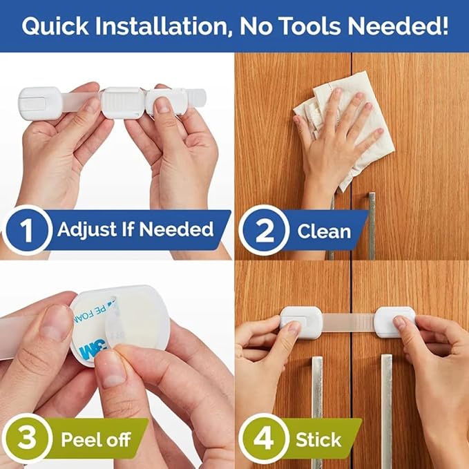 10 Pack Multi-Use Baby Locks, Safety Cabinet Child Proofing, Quick and Easy 3M Adhesive for Cabinets, Drawers, Fridges Toilet Seats and More (White)