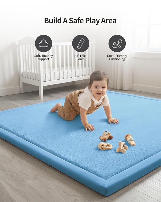 Goyuu Ultra Soft 1.3" Thick Baby Play Mat for Floor, 59x71 Playpen Mat Elasti-Foam Padded Crawling Mat for Babies, Toddlers, Infant, Kids, Non-Slip Backing Safe for Tummy Time Blue