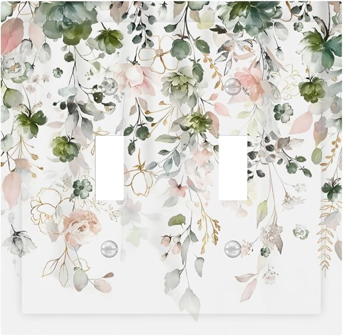 Green Pink Floral Flower Rustic Eucalyptus Leaves Wildflower Decorative Switch Plates 2 Gang Double Toggle Outlet Light Switch Cover Wall Plate Electrical Faceplate for Bedroom Living Room Decor