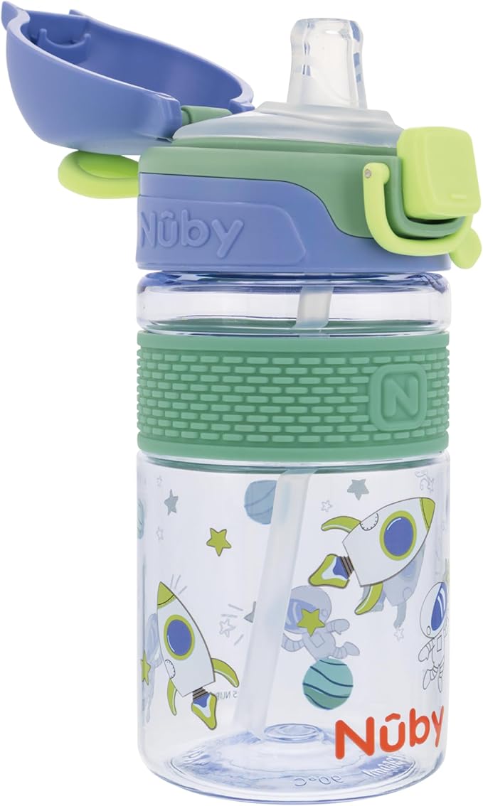Nuby Thirsty Kids Flip-It Bolt Toddler Cup with Push-Button Locking Flip-Top and Silicone Spout - 12 oz - Easy-Grip and Spill-Resistant - 18+ Months - Space