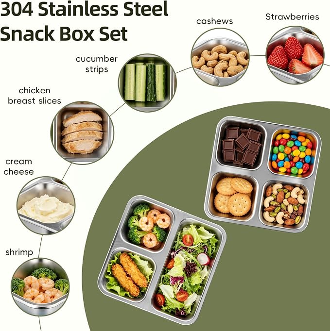 Tanjiae Stainless Steel Snack Box for Kids & Toddlers, 20oz Multi-Compartment Leak Proof Small Food Containers with Silicone Lids - Reusable Metal Bento Box for Daycare, School, Travel, Camping