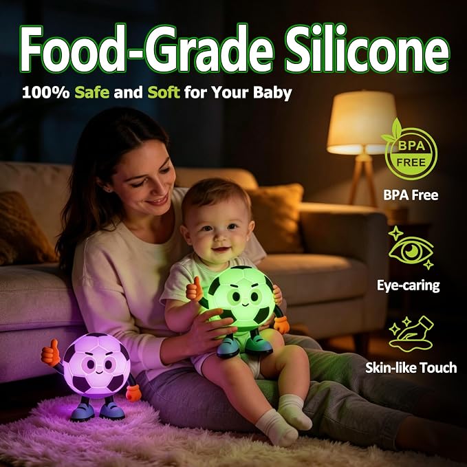 Soccer Gifts for Boys Girls, Soccer Night Light，Soft Silicone with Touch Control, 7 RGB Colors, Auto-Off, Dimmable, Rechargeable 1200mAh, Teen Kids Sports Fan Birthday Gifts (Classic)