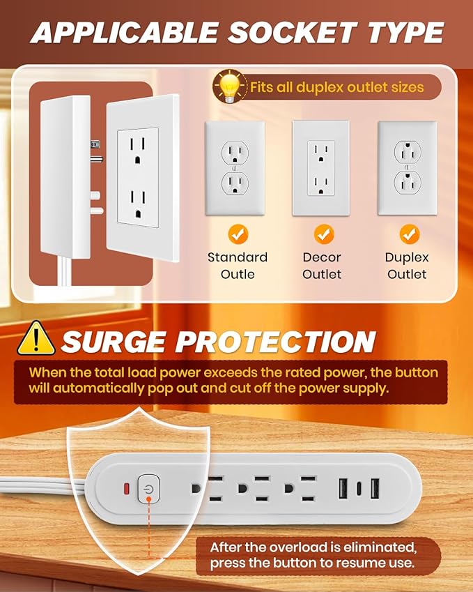 Saker Outlet Concealer Power Strip, 8FT Surge Protector Flat Extension Cord with 3 Outlets and 3 USB Ports, Outlet Cover Baby Proofing for Kitchen, Home and Office (8FT)
