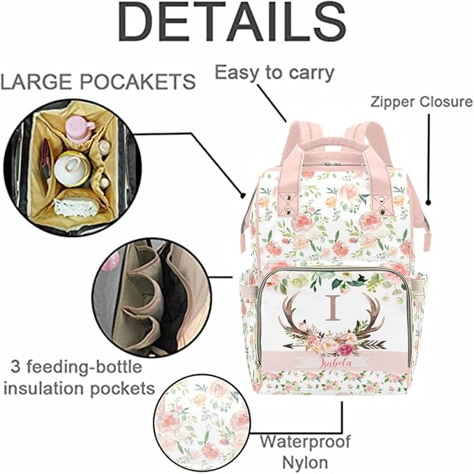 Custom Diaper Bag for baby Customized Antlers Deer Baby Bag Personalized Nursing Bags with Name Custom Name Mommy Daypack Bag Tote Bag Gifts for Travel Outside Daily Use