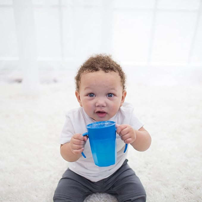 Dr. Brown's Milestones Cheers 360 Spoutless Transition Cup with Handles, Travel Friendly and Leak Free Sippy for Babies and Toddlers, Blue and Pink, BPA-Free, 7 oz/200 mL, 6m+