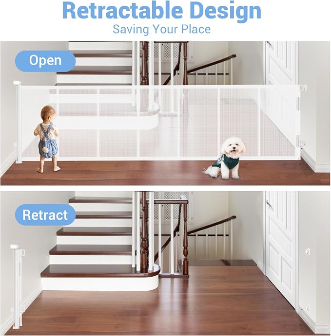 HAMOPY 120 Inch Reinforced Strip Extra Wide Retractable Baby Gate, 33" Tall, Prevent Crawling Through, Wide Extra Long Child Safety Gate for Indoor Baby Fence, Outdoor, Stairs, Deck(White)
