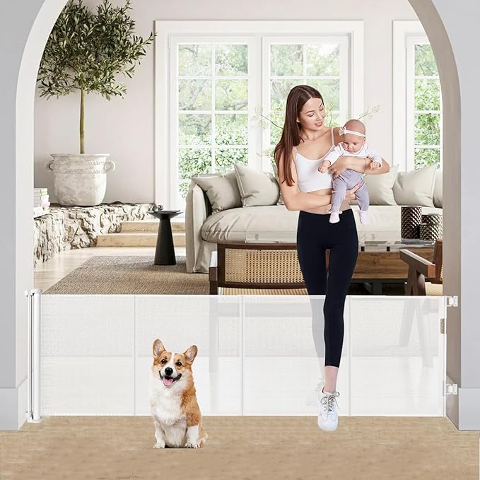 24" Tall X 80" Wide Retractable Baby Gates, Short Dog Gates to Step Over, Reinforced Mesh Pet Gate with Support Rods, Small Puppy Gates for The House, White