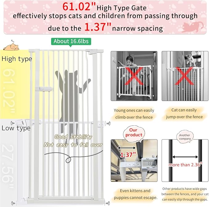 Lumizone Extra Tall Cat Gate 61.02" High Pressure Mounted 29.92"-59.44" Extra Wide 1.37" Gap No Drilling Auto-Close One-Handed Operation Tall Pet Gate for Dogs(White, 61.02" H x 29.92"-59.44" W)