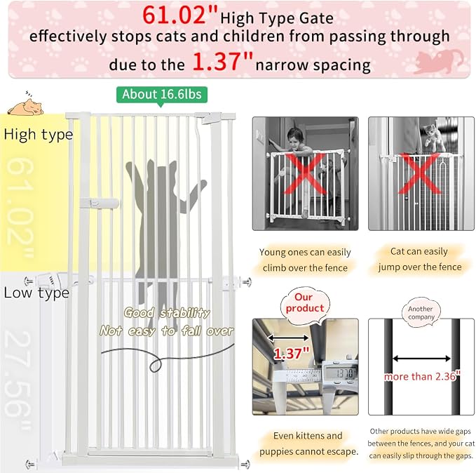 Lumizone Extra Tall Cat Gate 61.02" High Pressure Mounted 26.18"-29.91" Extra Wide 1.37" Gap No Drilling Auto-Close One-Handed Operation Tall Pet Gate for Dogs(White, 61.02" H x 26.18"-29.91" W)
