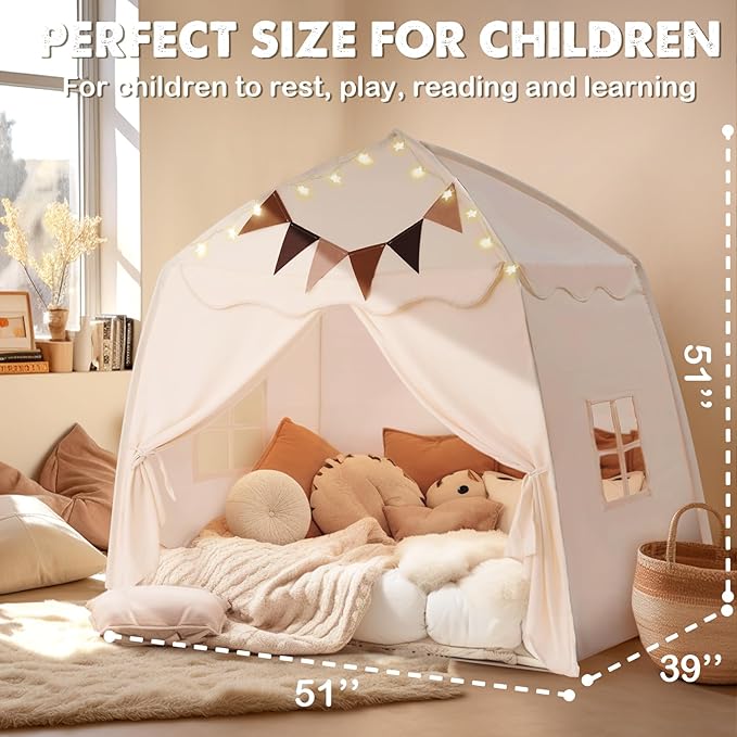 Extra Large Toddler Bed Tent & Kids Play Tent Bed Tent with Flags & Star Lights, Portable & Foldable Teepee, Indoor Outdoor Dome Tent Playhouse, 51x39x51 in, Cream