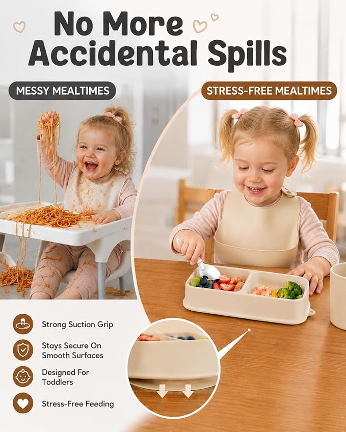 Travel Silicone Baby Feeding Set with 316 Stainless Steel Spoon & Fork, Silicone Suction Plates, Foldable Bib, Storage Bag - Portable Infant Toddler Utensils, 6-Piece BPA-Free Dishware Kit (Beige)