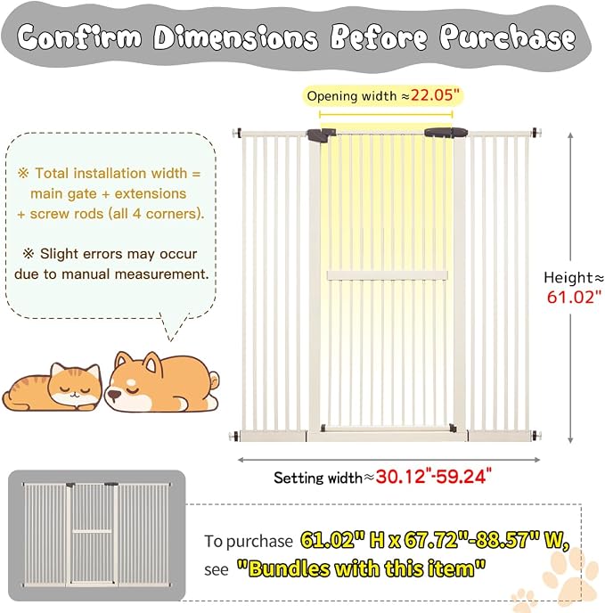 Lumizone Extra Tall Cat Gate 61.02" High Pressure Mounted Extra Wide 38.39"-59.24" (17Sizes) 1.37" Gap No Drilling Auto-Close Tall Pet Gate for Dogs (Cream, 30.12"-59.24" W)
