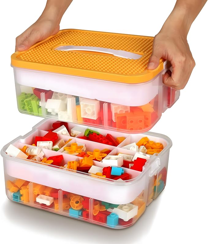 Kids Toys Storage Organizer for Lego Clear Building Blocks Container Box with Baseplate Lids 2 Layers Stackable Playroom Organization Bin Portable Drawers Bricks Puzzle Board Craft Compartments Case