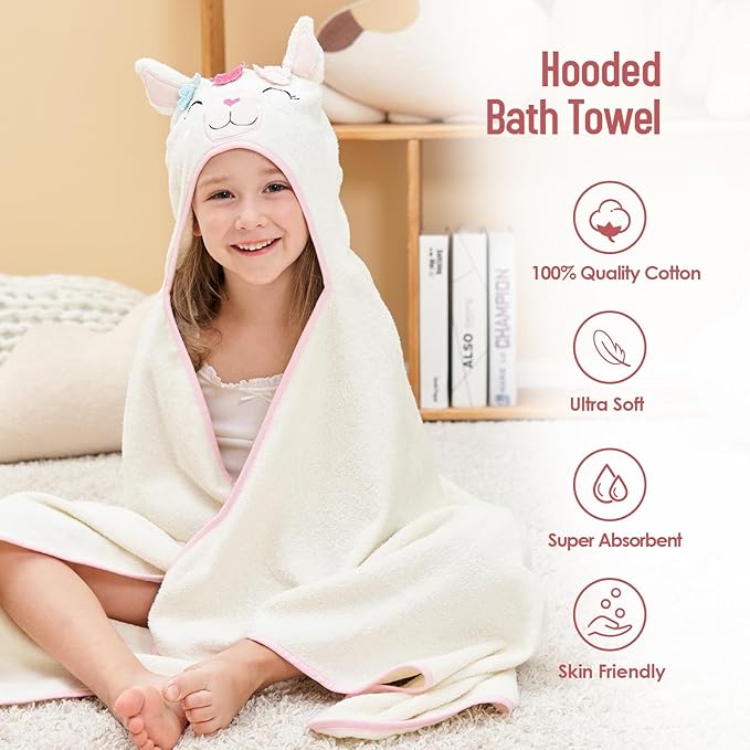 Style Quarters Baby Bath Towel - 100% Cotton Terry Soft Hooded Towel Cartoon Alpaca Baby Beach Towels Super Absorbent Large Embroidery Kids Hooded Bath Toddler Towel with 50"x30"(Milky White Alpaca)