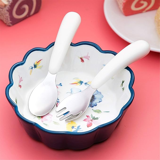 Kirecoo 2 Set Toddler Utensils, Toddler Forks and Spoons, Stainless Steel kids Silverware Set, Designed for Self Feeding Flatware Utensils with Travel Carrying Cases BPA Free (White & Pink)