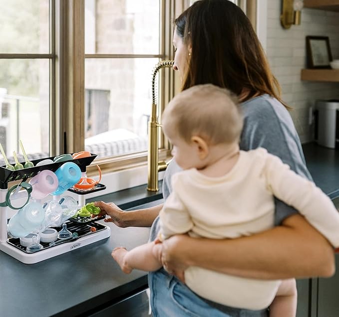 Dr. Brown's Drying Tower, Stand-Up Drying Rack with 2-in-1 Dry & Prep Silicone Mat, Silicone Baby Bottle Drying Mat with Removable Pegs for Baby Essentials, Built-in Bottle Prep, BPA-Free