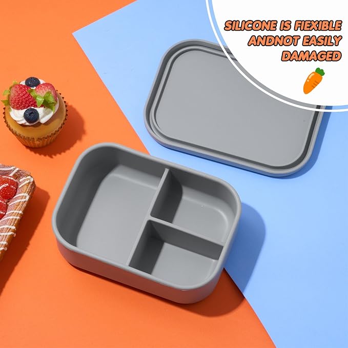 Layhit 1 Pcs Silicone Bento Box for Adults, 27 oz Bento Lunch Container Reusable Food Container for Women Men, Leak Proof Microwave Dishwasher Freezer Safe (3 Compartments,Dark Gray)