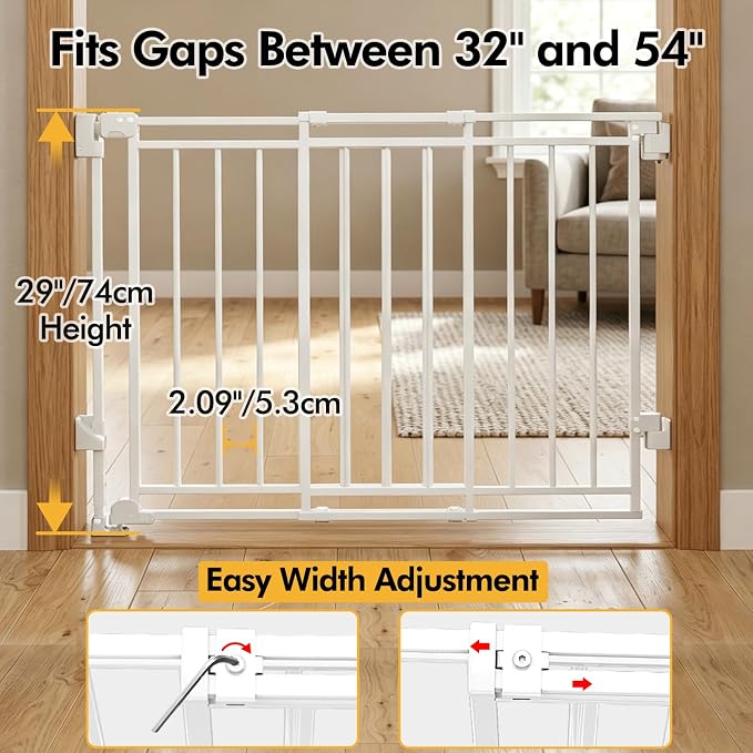 Extra Wide Baby Gate for Stairs and Doorways, 32-54” W x 29” H(Must Drill to Install), One-Hand Operation, Auto-Close Feature, No Bottom Threshold, for Babies and Pets, White