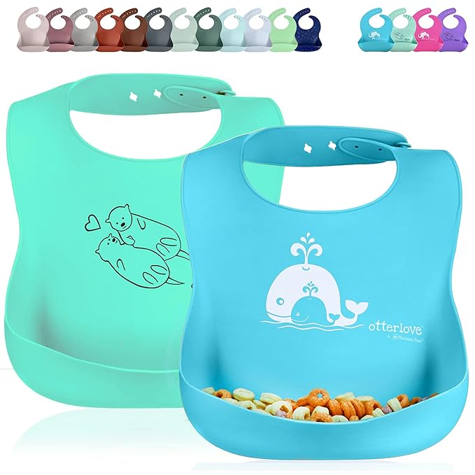 otterlove Silicone Bib ??100% Pure Platinum LFGB Baby Bibs ??No Fillers ??BPA and Phthalate Free (2 Bib Pack Blue Whales & Green Otters)