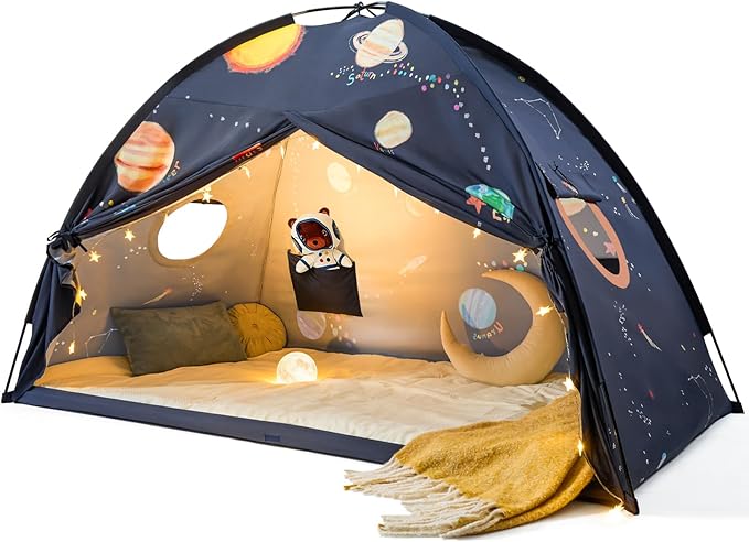 Tiny Land Space Galaxy Bed Tent for Kids ??Sleep Bed Canopy with 9 Planets Design, Easy-to-Install Indoor Kids Play Tent, Imaginative Playhouse, Ideal Gift for Boys & Girls ??77" x 40" x 46"