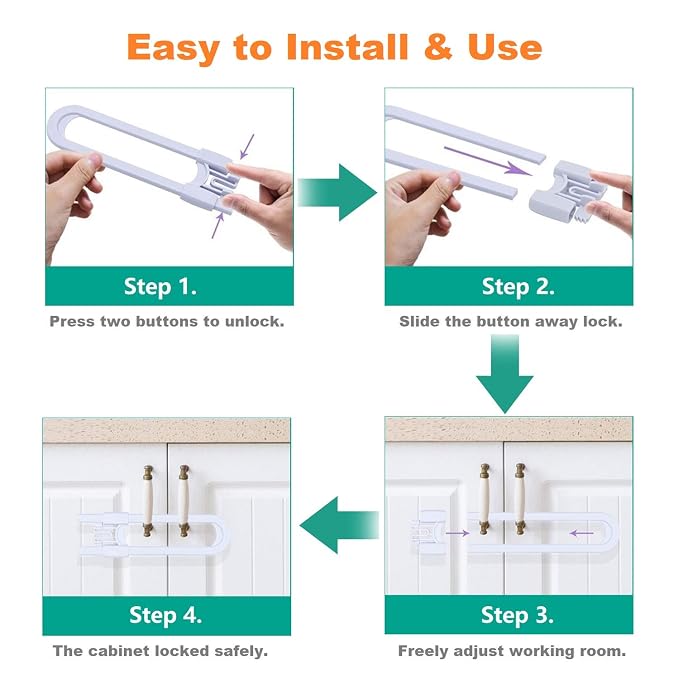 Sliding Cabinet Child Safety Locks - OKEFAN Baby Proofing Cabinet Lock Cupboard Latches for Kids on Closet Door Knobs Handles Pulls No Drill (8, White)
