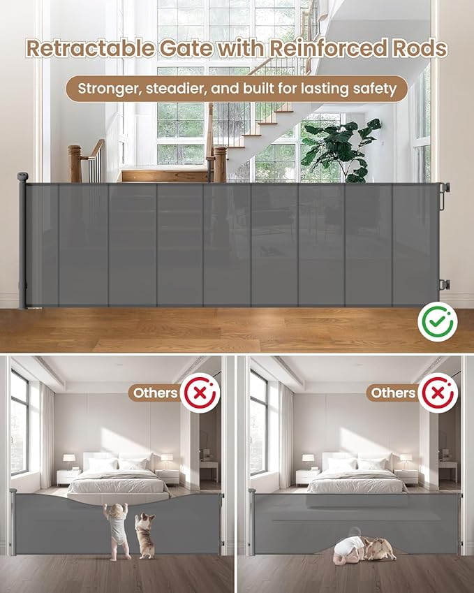 Retractable Baby Gate Extra Wide, 100" Wide Anti-Sagging Pet Gate with 8 Support Rods, 34" Tall Scratch-Resistant Extra Long Dog Gate for Large Openings, Doorways & Open Spaces, Gray