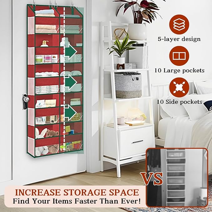 Christmas Over The Door Organizer 5 Tiers, Extra Large Behind Door Storage of 10 Compartments, 80 lbs Weight Capacity Hanging Storage Organizer with Clear Window Kids Toys, Shoes, Diapers, Red