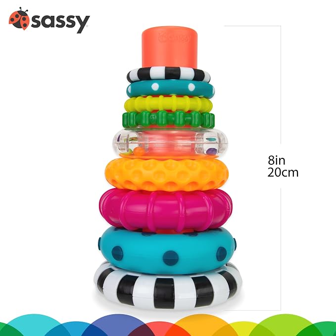 Sassy Reversible Soft Sensory Activity Panels, 4Count, Ages 0+ & Stacks of Circles Stacking Ring STEM Learning Toy, Age 6+ Months, Multi, 9 Piece Set