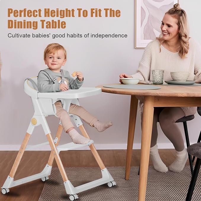 Baby High Chair, High Chairs for Babies and Toddlers, Convertible Folding High Chair with Removable Tray 5 Point Harness Footrest Detachable PU Cushion, Portable Highchair for Baby Toddlers