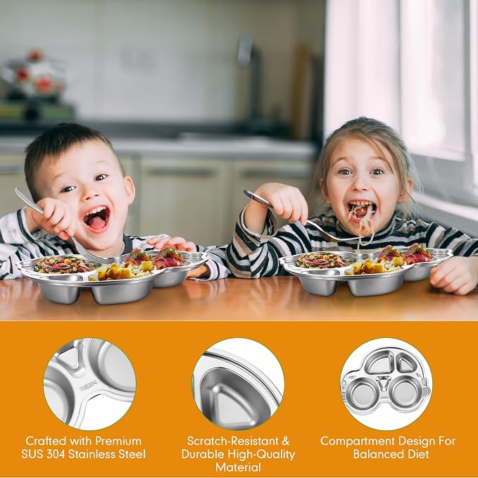 Jinei 10 Pieces Kids Stainless Steel Utensils Set Include 2 Car Shaped Plates, 2 Bowls, 2 Cups, 2 Spoons, and 2 Forks, Stainless Steel Dinnerware Set for Toddler Utensils Silverware
