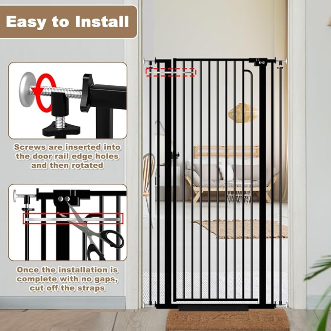 Mornyray 57"" Extra Tall Cat Gate 38.58'' - 43.31'' Wide Dog Gate Inoor, Baby Gate with Cat Door Walk Through Swing Auto Close Safety Dog Pet Gate for Indoor Stairs, Doorways (Black)