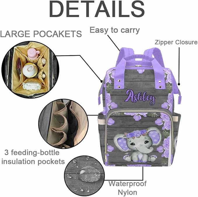 M YESCUSTOM Diaper Bags for Mom Personalized Purple Flower Baby Bag Backpack for Men Women Custom Newborn Nappy Mommy Bag