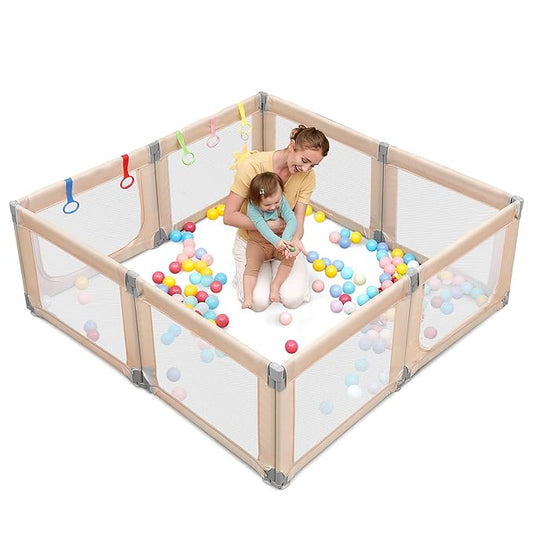 Dripex Portable Folding Playpen, 71"×69" Extra Large Baby Playpen, Indoor/Outdoor Safety Gate ??Collapsible Play Pen with Dual Gates & Breathable Mesh, Khaki