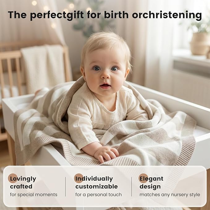 Knit Baby Blanket 40x30 Inches Striped, Soft Cotton Blend Swaddling Receiving Blanket for Newborn Infant, Gender Neutral Nursery Crib Stroller Blanket, (Beige & White)
