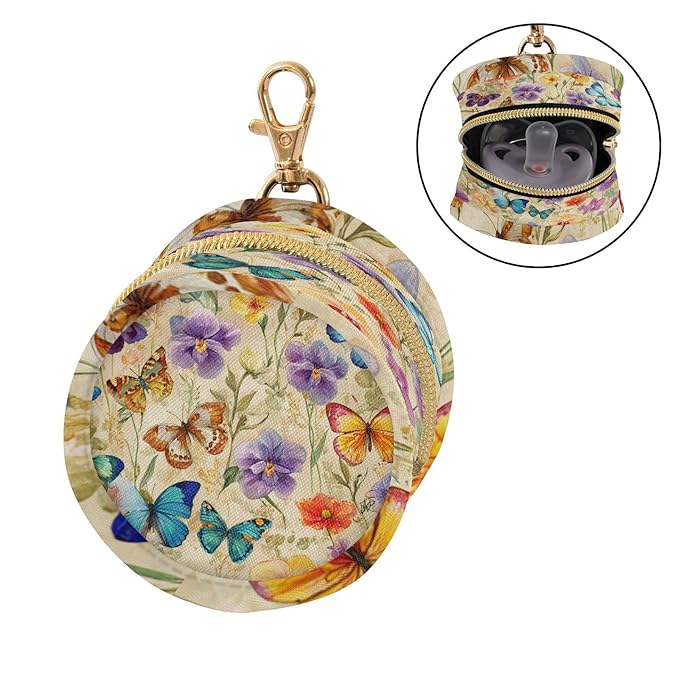 Pacifier Holder with Clip Pacifier Case for Diaper Bag Round Baby Pacifier Pouch Box Bag Portable Cottagecore Beige Butterflies Flowers