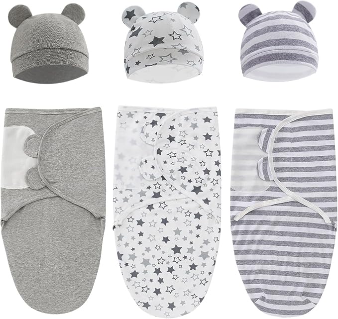 Baby Swaddle Sleep Sack with Hat Set for 0-3 months 3-Pack Soft Cotton Newborn Wearable Swaddle Wrap for Girls Boys