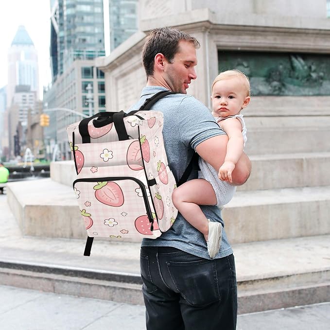 Personalized Sliced Strawberry Pink Plaid Diaper Bag Travel Large Cap Mom Dad