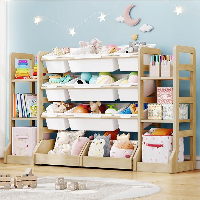 Kids Toy Storage Organizer with Bookshelf, Wooden Toy Shelf with 6 Shelves and 9 Bins and 2 Wheeled Drawers, Extended Base Storage Cabinet for Playroom, Kids Room, Nursery Organization