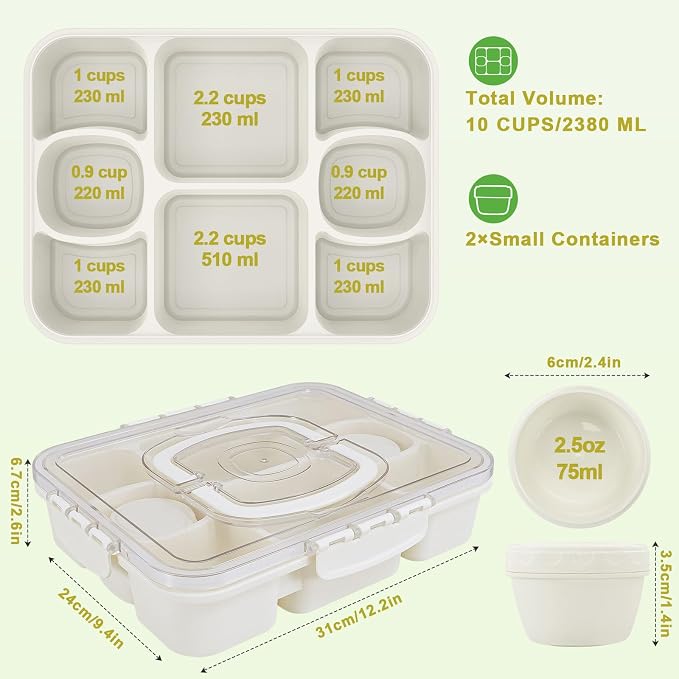 Caperci 2 Pack Snackle Box Container with 2 Sauce Cups - Large 8-Compartment Divided Serving Tray with Lid & Handle, Portable Snack Tray for Travel, Leak-Proof, Dishwasher Safe, BPA-Free (Set of 2)