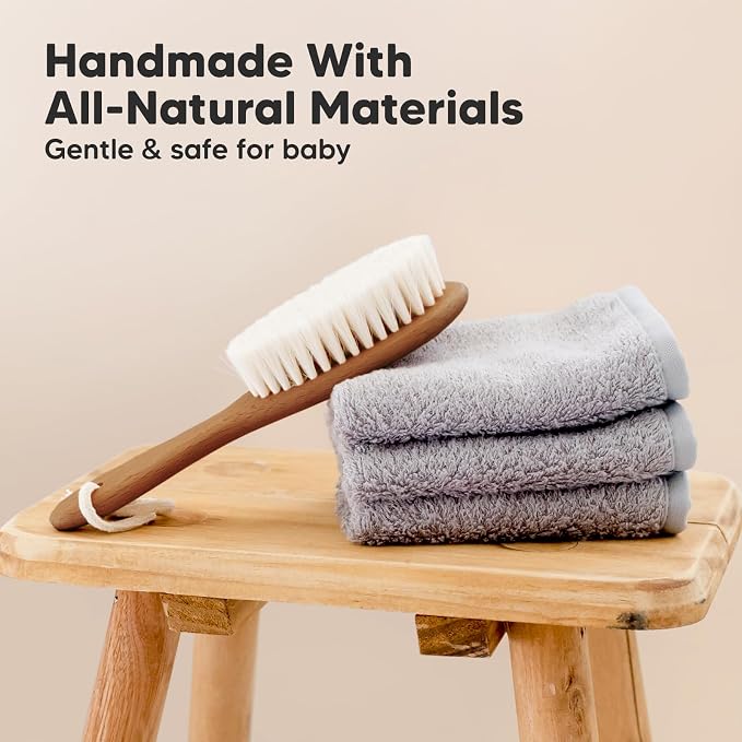 KeaBabies Baby Hair Brush and 6-Pack Baby Washcloths for Newborn - Wooden Brush with Soft Goat Bristles, Wash Cloth, Cradle Cap Hairbrush for Newborns and Infants