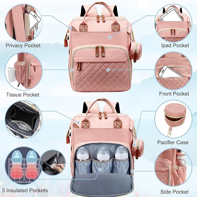 Black Diaper Bag Backpack, Multifunctional Waterproof Mommy Bag with Changing Pad, USB Port, Stroller Straps, Large Capacity Baby Travel Bag (pink)