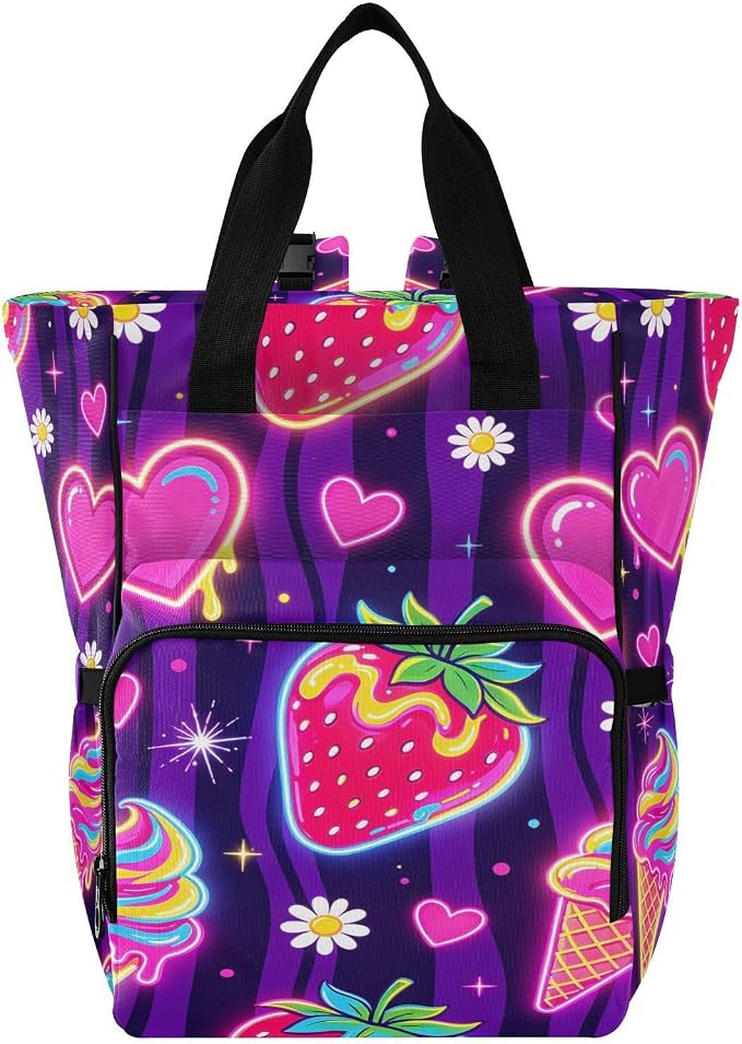 Personalized Neon Strawberry Ice Cream Diaper Bag Travel Large Cap Mom Dad