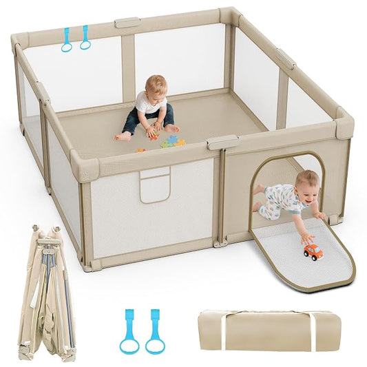 Foldable Baby Playpen: 65" x 50" Super Large Playpen for Babies and Toddlers - Portable Play Pen for Babies with Breathable Mesh & 2 Pulling Handle - Baby Play Yard for Outdoor & Indoor