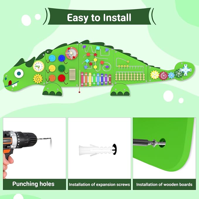 Activity Wall Panels for Kids: Dinosaur Sensory Wall Board for 3+ Years with 10 Activities - Wooden Decor for Toddler Playrooms Bedrooms Daycares