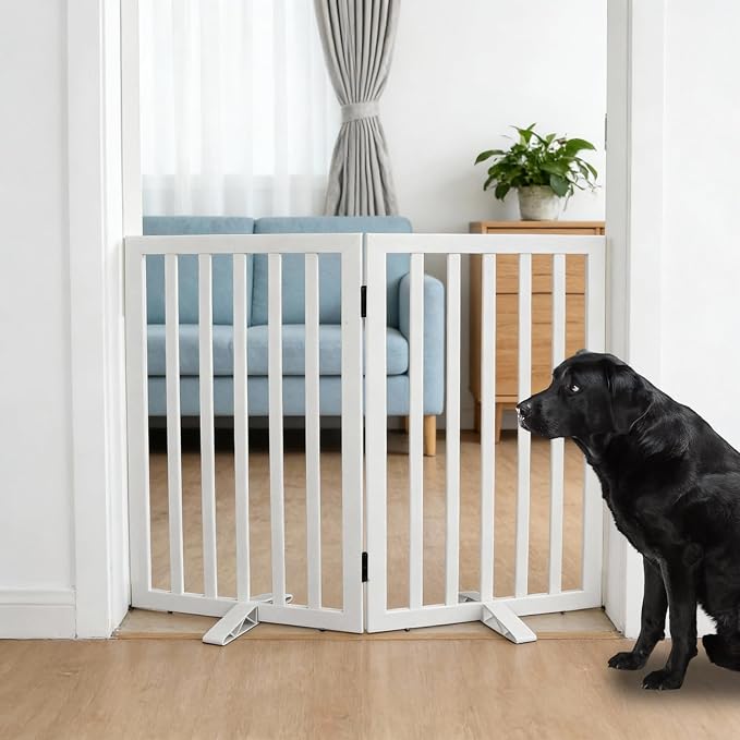 Dog Gate Indoor, Freestanding Dog Fence for The House, Doorways, Hallways,or Stairs,Pet Gate Foldable Wooden,Expandable 32" Height 2 Panels,White