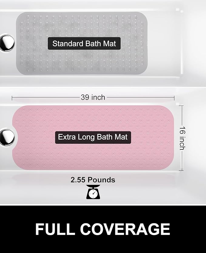 OTHWAY No Suction Cup Bath Mat: 39x16inch Extra Long Bathmat?‚Perfect for Refinished Bathtub Mat?‚Made of Nature Rubber?‚a Blessing for The Elderly and Children (Pink)