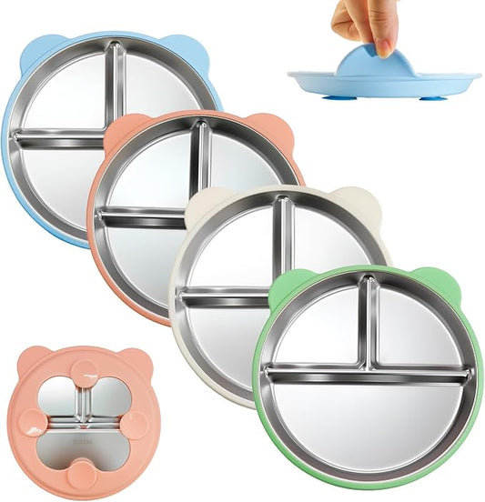4 Pack Stainless Steel Toddler Plates with Suction - 9" Kids Divided Plates Removable Silicone Sleeves for Baby Led Weaning, Bear Ear Design Non Slip BPA-Free Dishwasher Safe